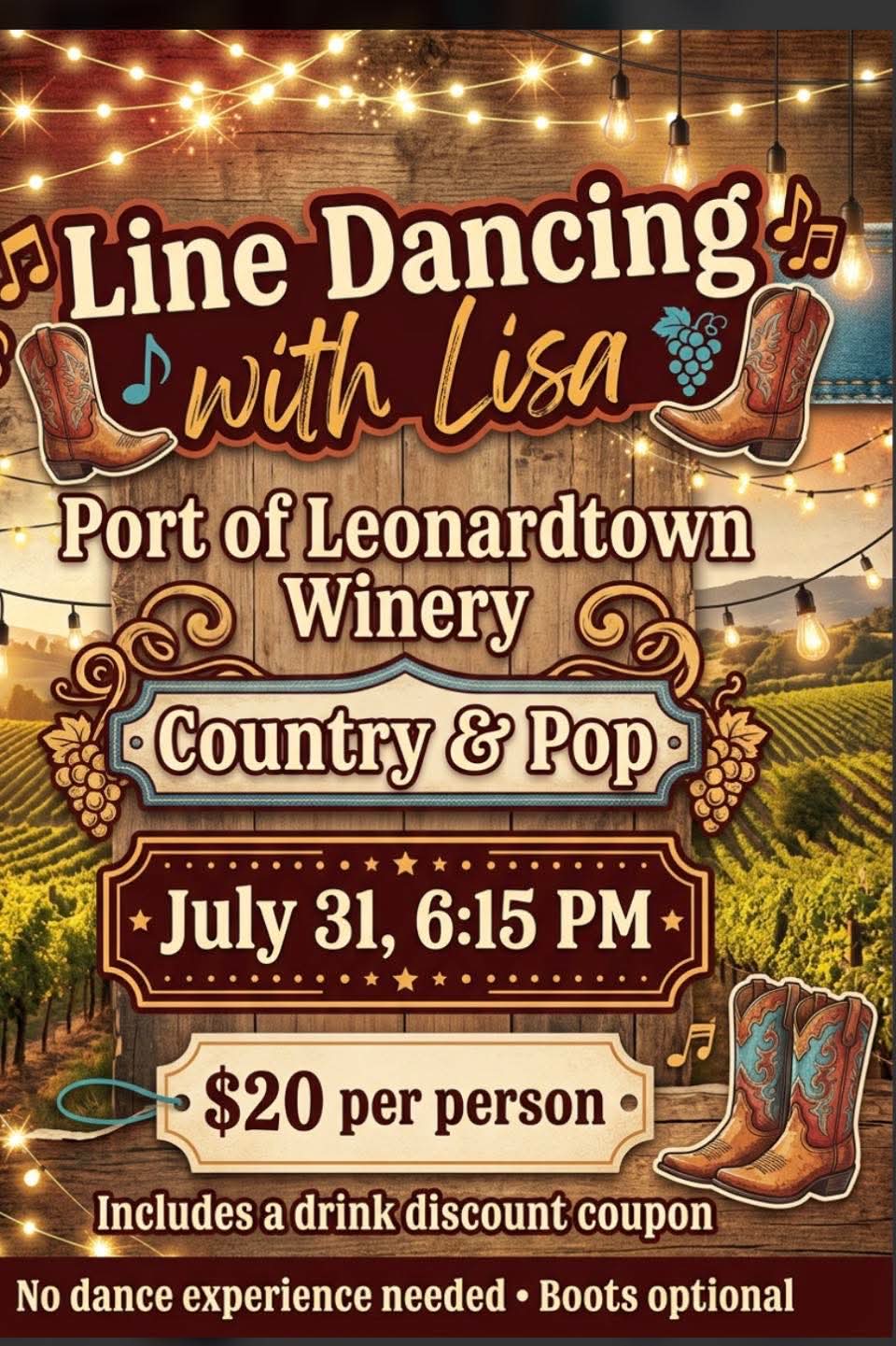 Event poster for line dancing with Lisa at Port of Leonardtown Winery on July 31 at 6:15 PM.