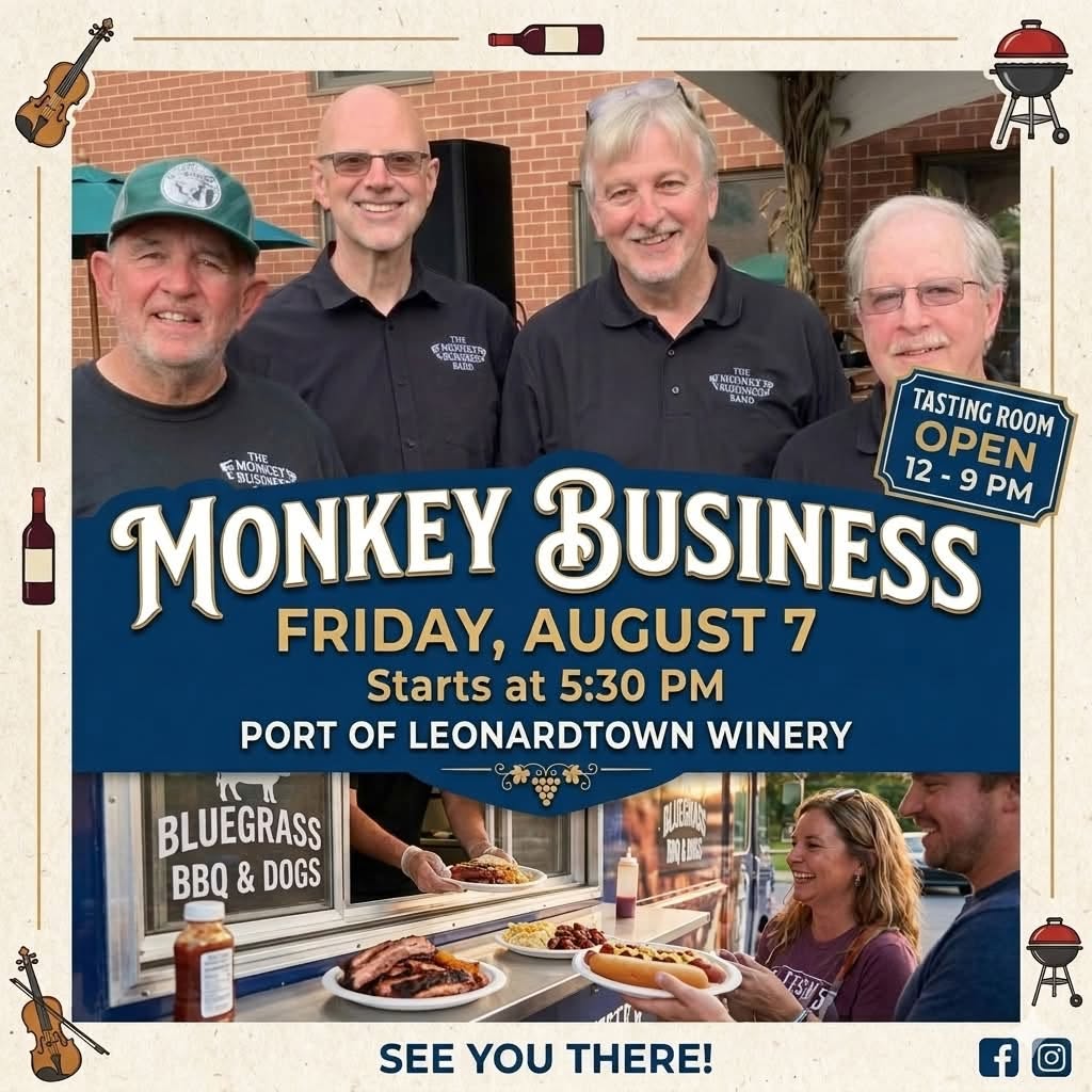 Group of four men at Port of Leonardtown Winery during Monkey Business music event.