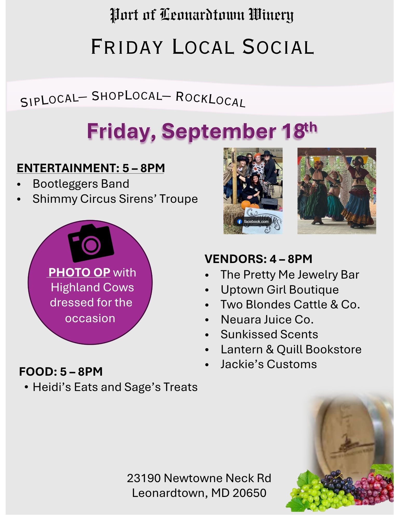 Port of Leonardtown Winery hosts Friday Local Social event with live music, vendors, food, and wine tasting.