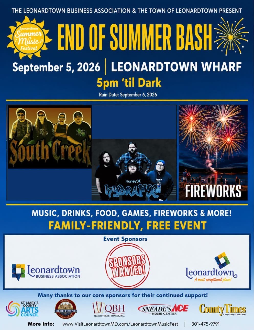End of Summer Bash at Leonardtown Wharf with fireworks, live music, and family-friendly activities on September 5, 2026.