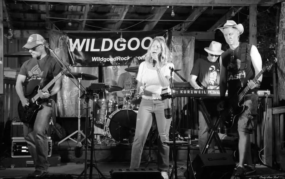 Wildgood Band performing live at Port of Leonardtown Winery, outdoor music event, musicians with guitars and keyboard, black&.