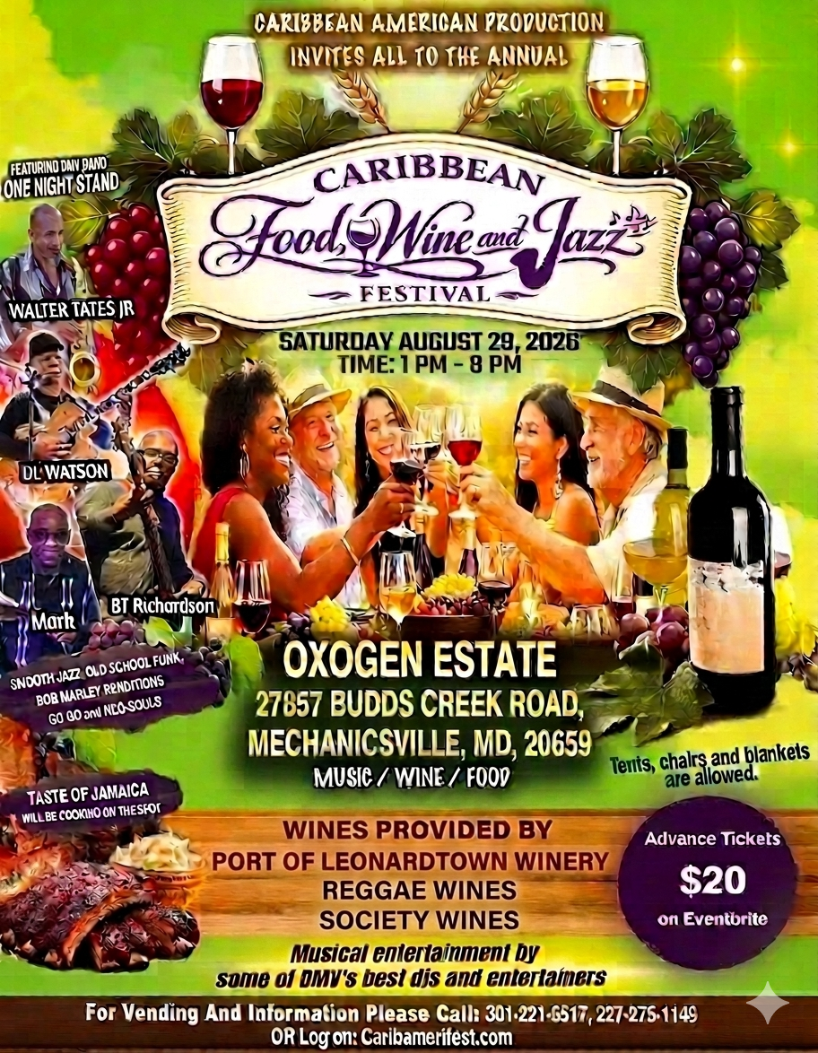 Port of Leonardtown Winery logo at Caribbean Food, Wine & Jazz Festival poster.