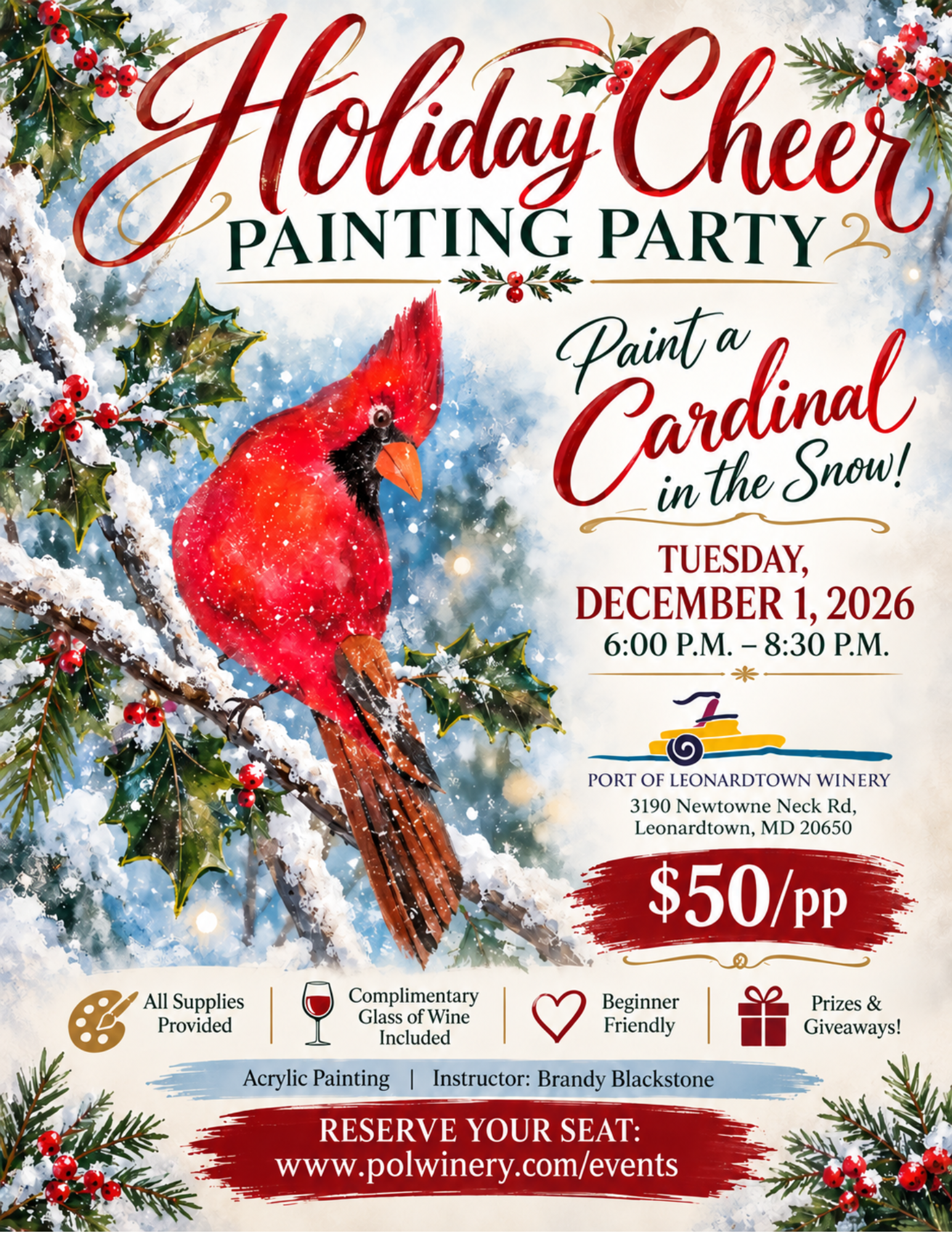Holiday Cheer Painting Party poster featuring a cardinal in the snow at Port of Leonardtown Winery.
